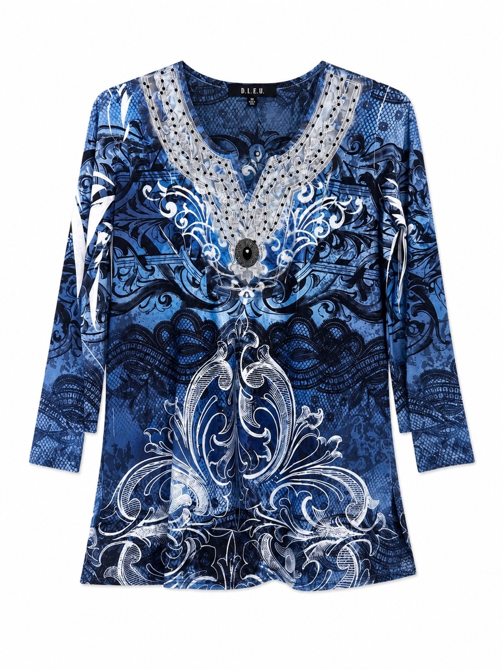 B.L.E.U. Blue Ornate V-Neck Long Sleeve Tee